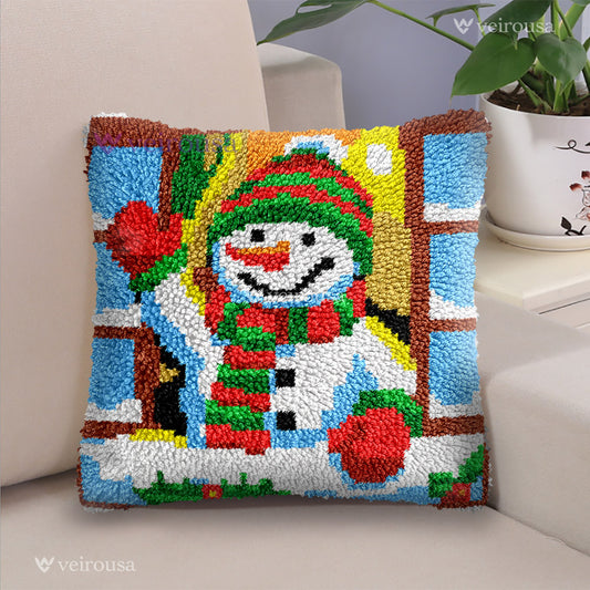 Window Snowman Pillowcase Latch Hook Kit for Adult, Beginner and Kid
