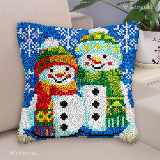 Couple Snowman Latch Hook Pillow Kit for Adult, Beginner and Kid
