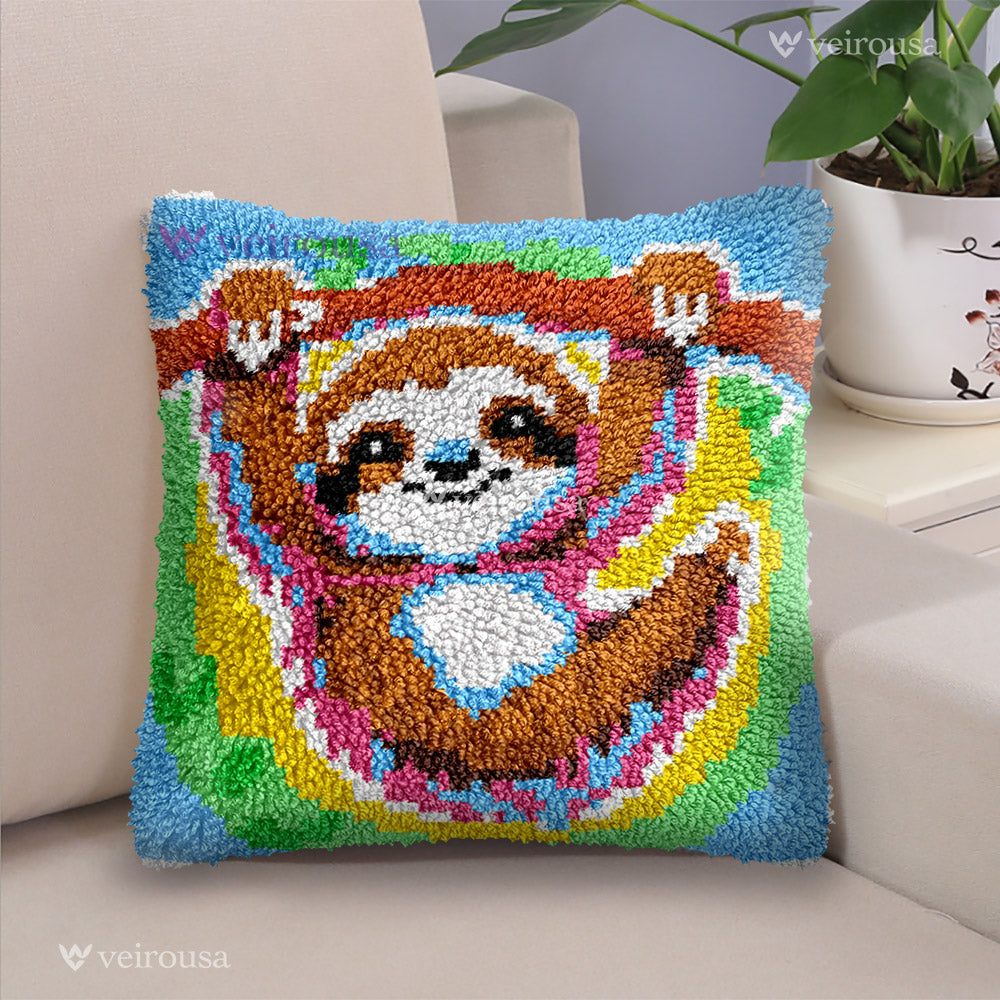Happy Sloth Latch Hook Pillow Kit for Adult, Beginner and Kid