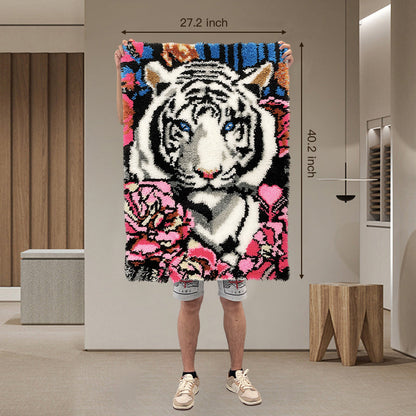 [Large Size] White Tiger with Flowers Latch Hook Rug Kit