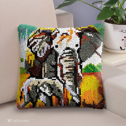Elephants Family Pillowcase Latch Hook Kit for Adult, Beginner and Kid