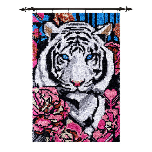 [Large Size] White Tiger with Flowers - Latch Hook Rug Kit
