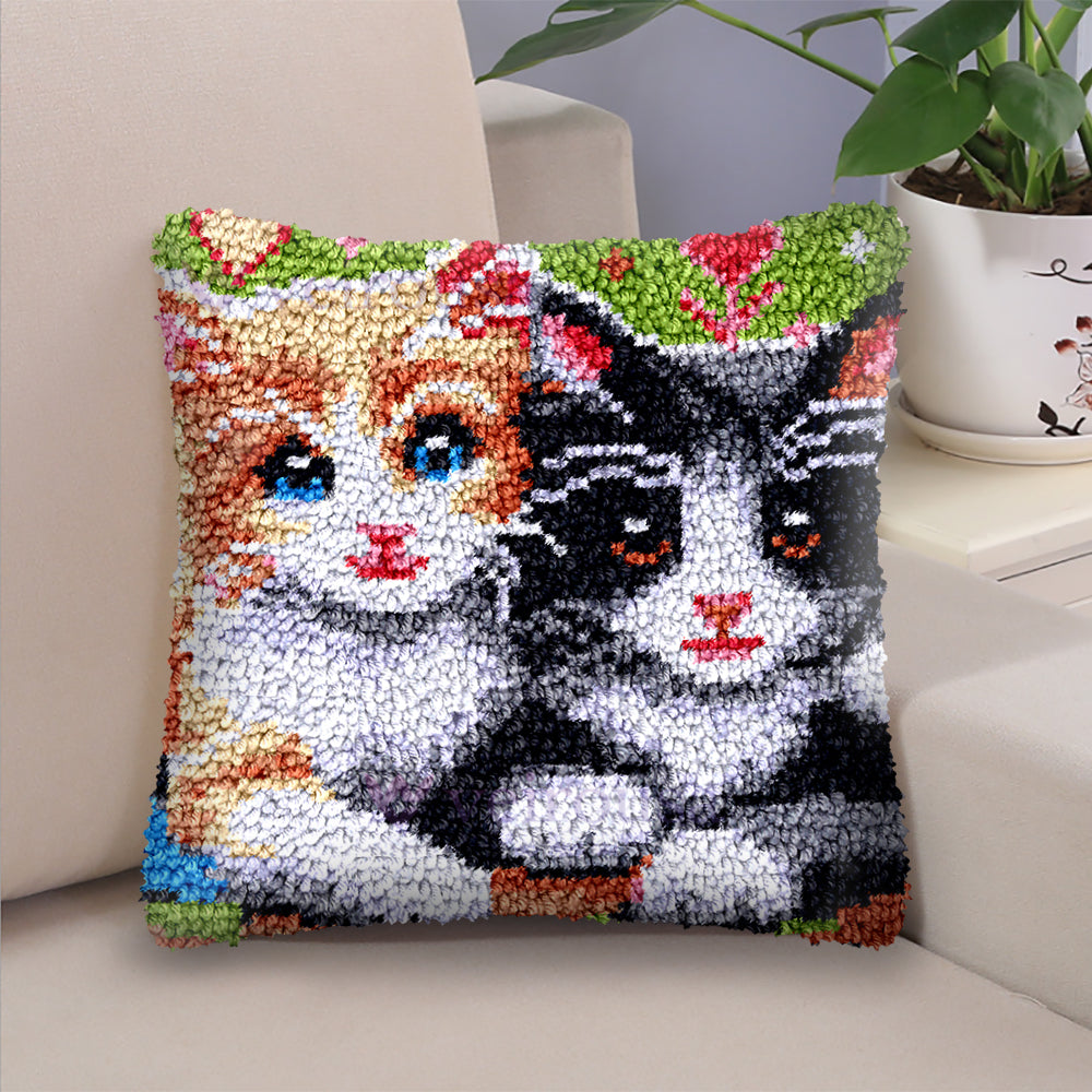 Two Kittens Cat Latch Hook Pillow Kit for Adult, Beginner and Kid