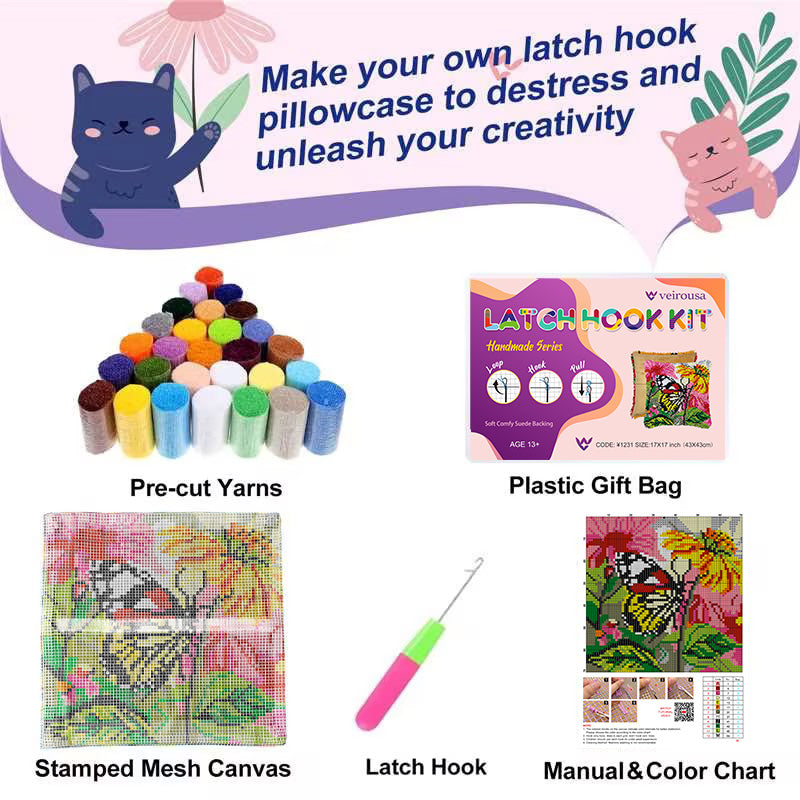 Kit de almohada con gancho para colgar Butterfly Flower Bliss para adultos, principiantes y niños