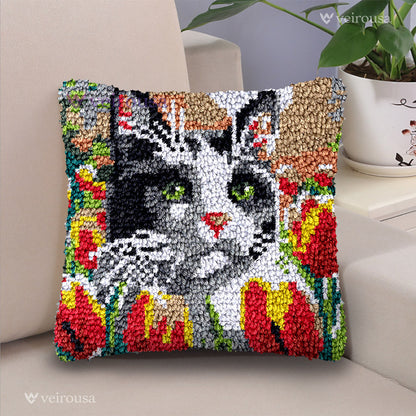 Tulips & Cat Latch Hook Pillow Kit