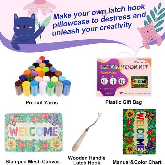 WELCOME Butterfly & Floral Latch Hook Rug Kit, Large Size DIY Wall Hanging Craft Set