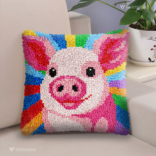 Colorful Pink Pig - Latch Hook Pillow Kit