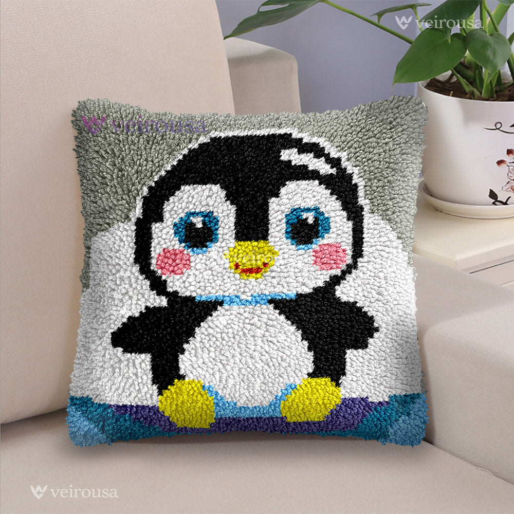 Cute Penguin Pillowcase Latch Hook Kit for Adult, Beginner and Kid