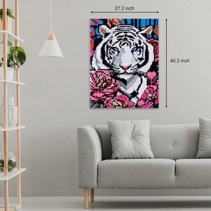 [Large Size] White Tiger with Flowers Latch Hook Rug Kit