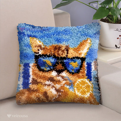 Cool Orange Cat Latch Hook Pillow Kit