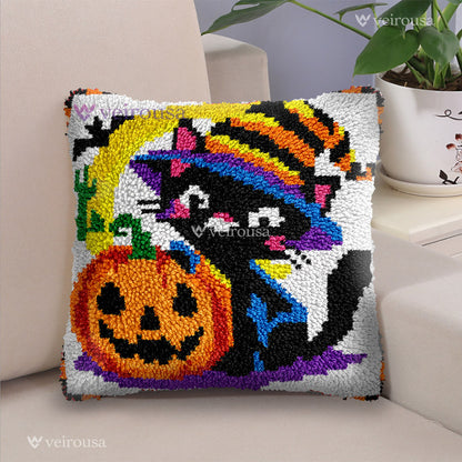 Halloween Witch Cat Latch Hook Pillow Kit