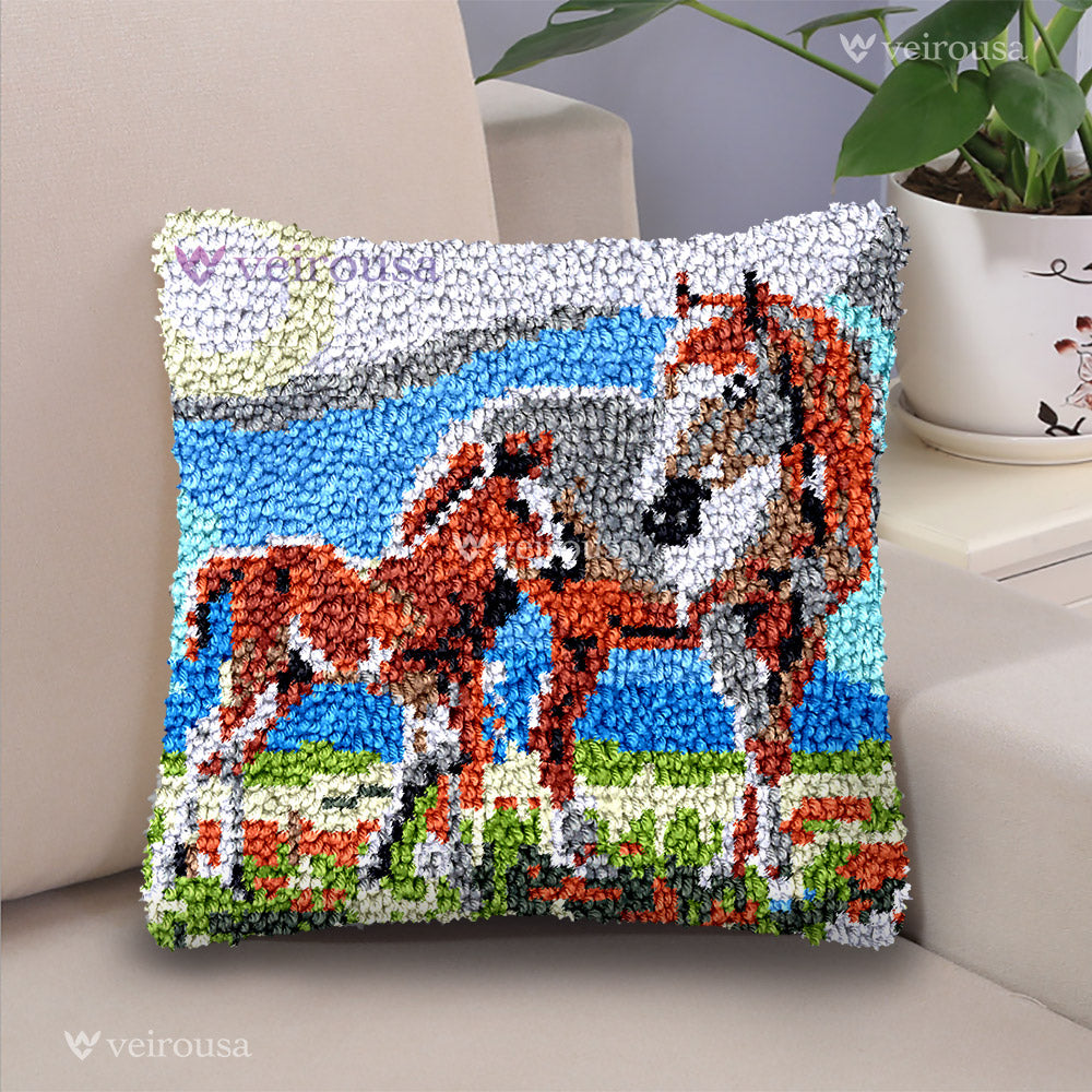 Pony and Mom on a walk - Latch Hook Pillow Kit