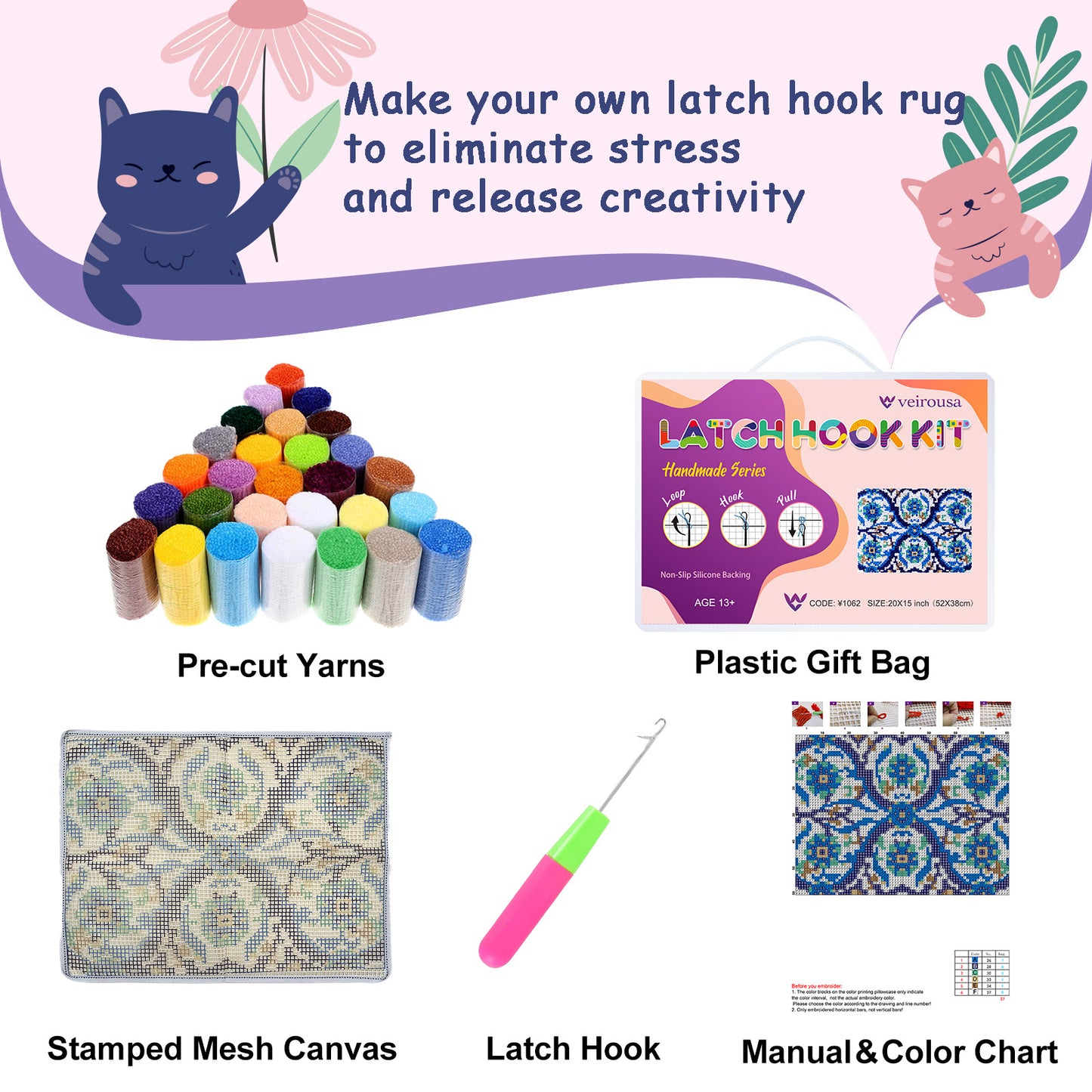 Color Splash Succulents Rug Latch Hook Kits for Beginners