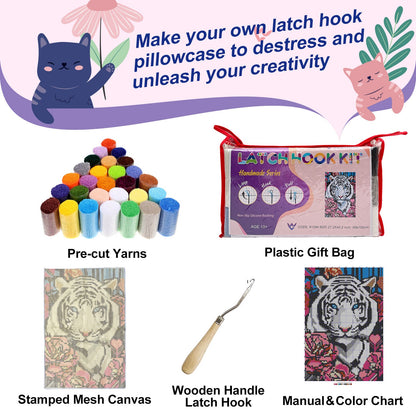 [Large Size] White Tiger with Flowers Latch Hook Rug Kit