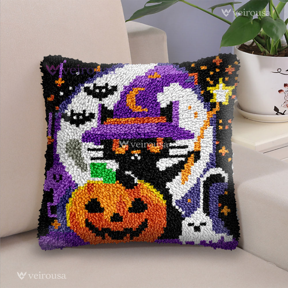 Halloween Black Cat Witches - Latch Hook Pillow Kit