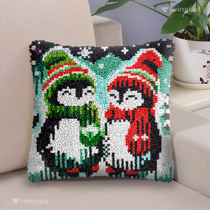 Couple Penguins Latch Hook Pillow Kit