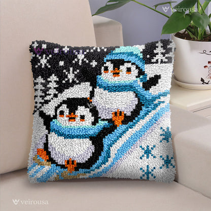 Two Skiing Penguins Latch Hook Pillow Kit