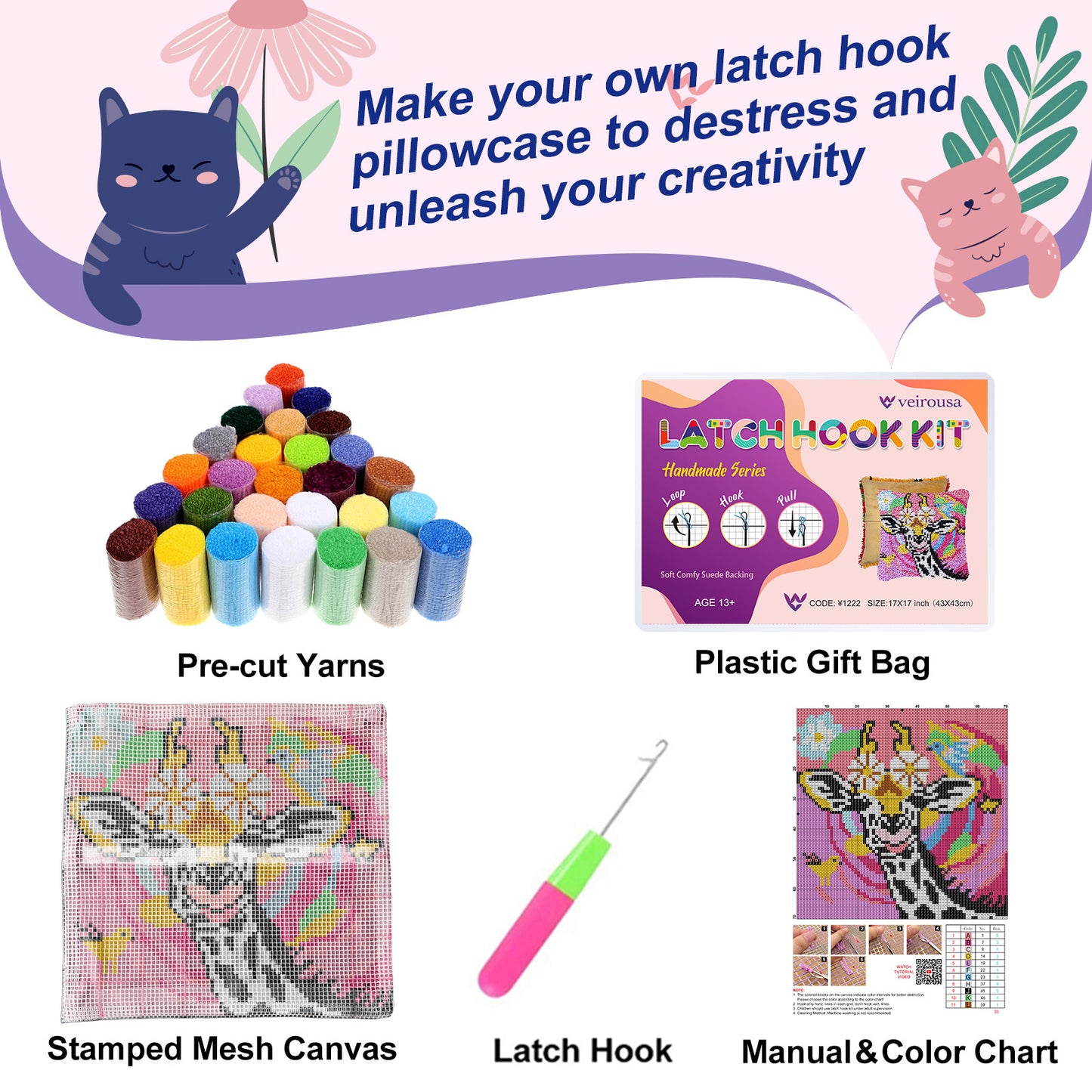 Giraffe's Garden Gala Latch Hook Pillow Kit