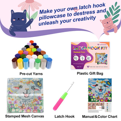 Kit de cojín con cierre de gancho "Cordero Alegre en Pradera de Flores" para adultos, principiantes y niños