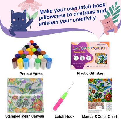 Hummingbird Floral Latch Hook Pillow Kit