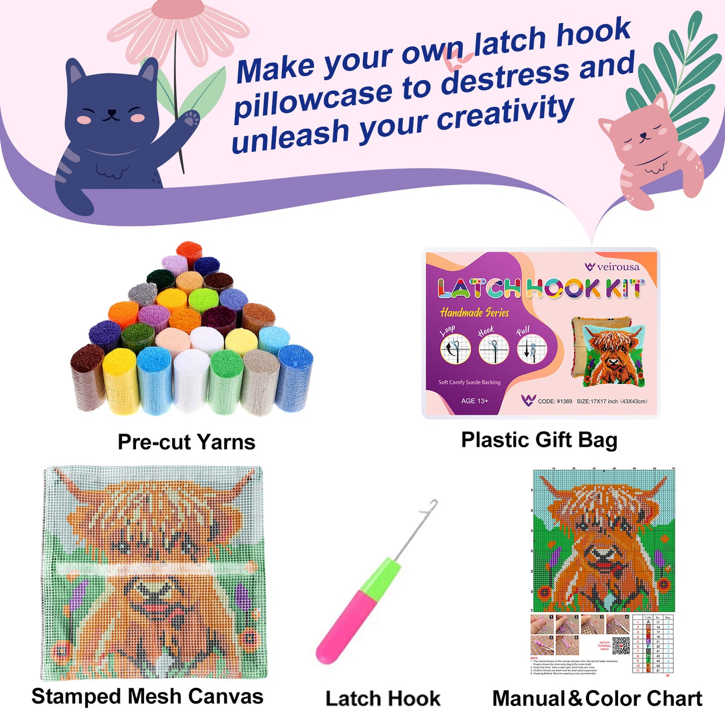 Highland Cow Family Latch Hook Pillow Kit