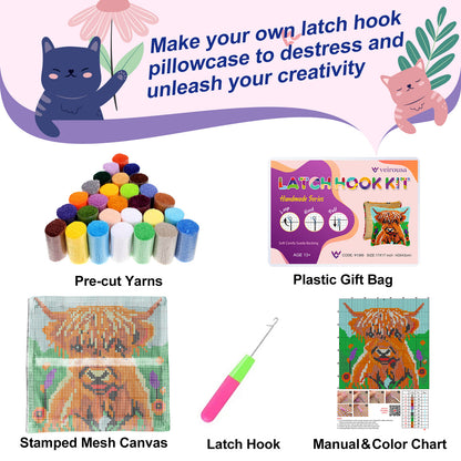 Highland Cow Family Latch Hook Pillow Kit