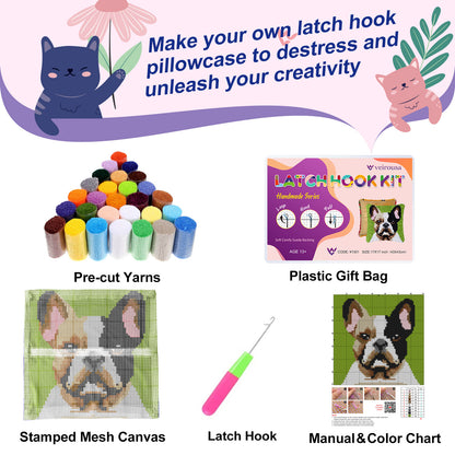 Veirousa French Bulldog Latch Hook Pillow Kit Including Yarn, Tool, Printed Mesh Canvas, Instructions And Beautiful Package