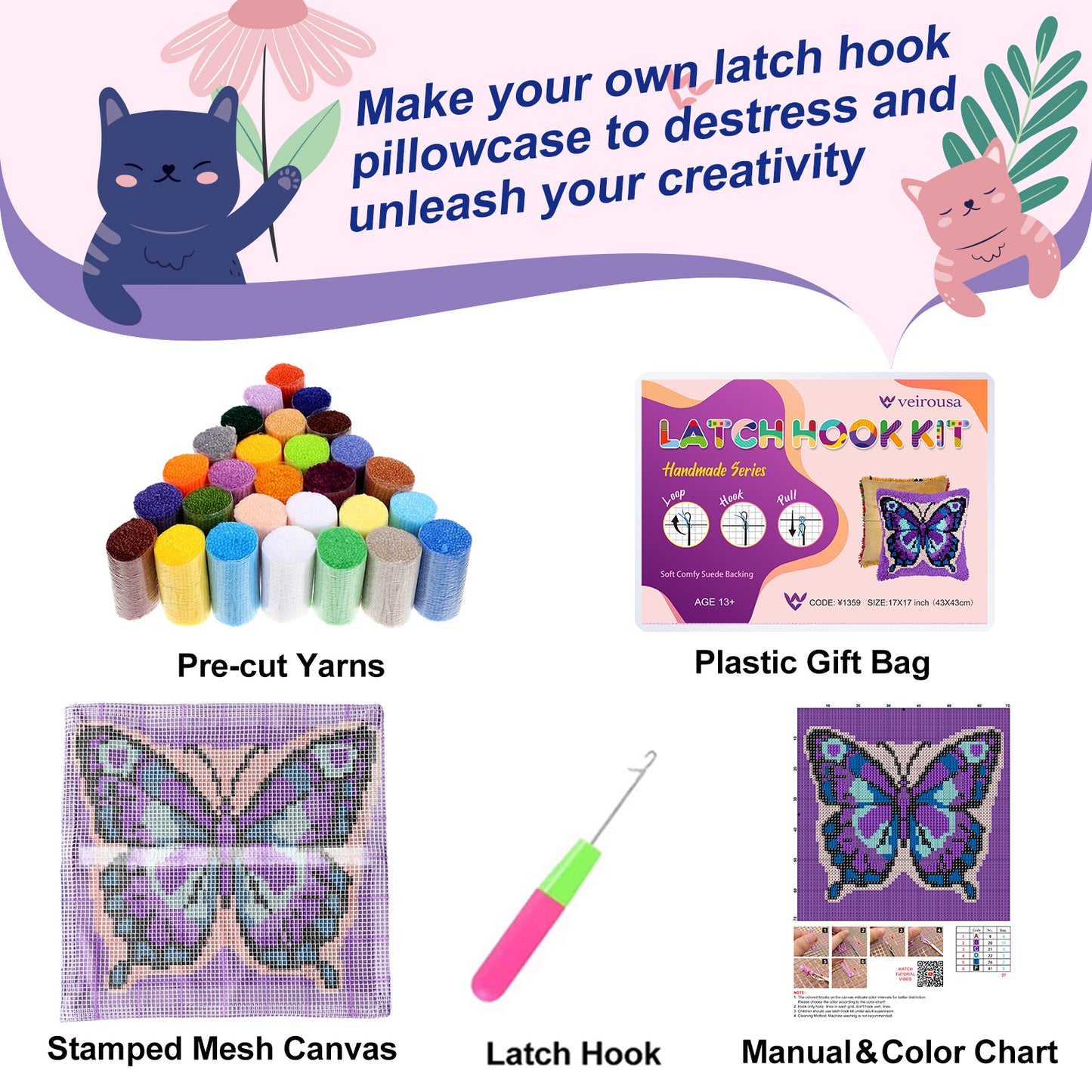 Veirousa All-In-One Purple Butterfly Latch Hook Pillow Kit