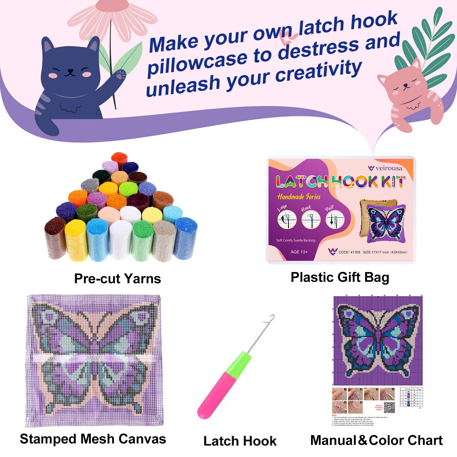 Veirousa All-In-One Purple Butterfly Latch Hook Pillow Kit