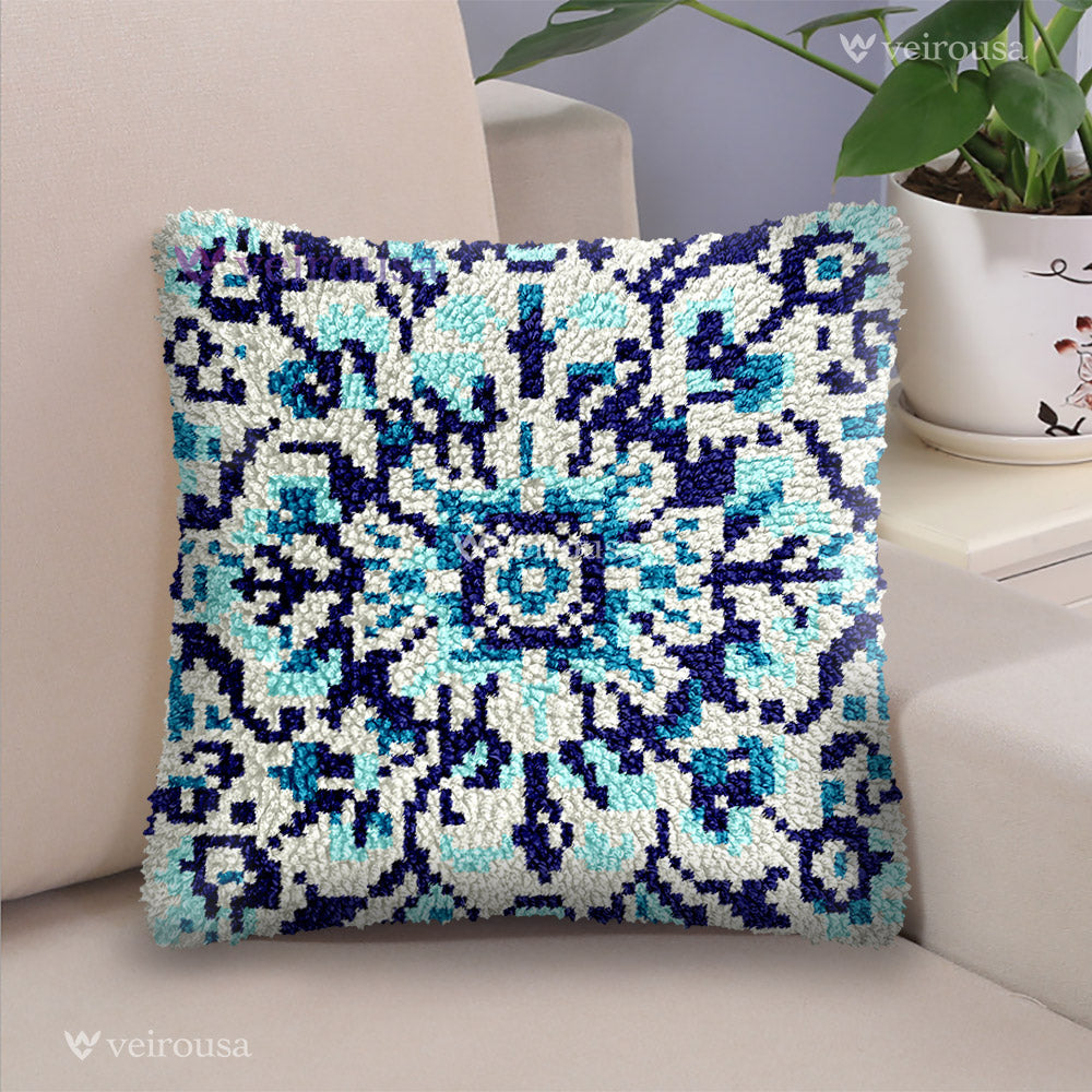 Veirousa Blue Mandala Floral Latch Hook Pillow Kit