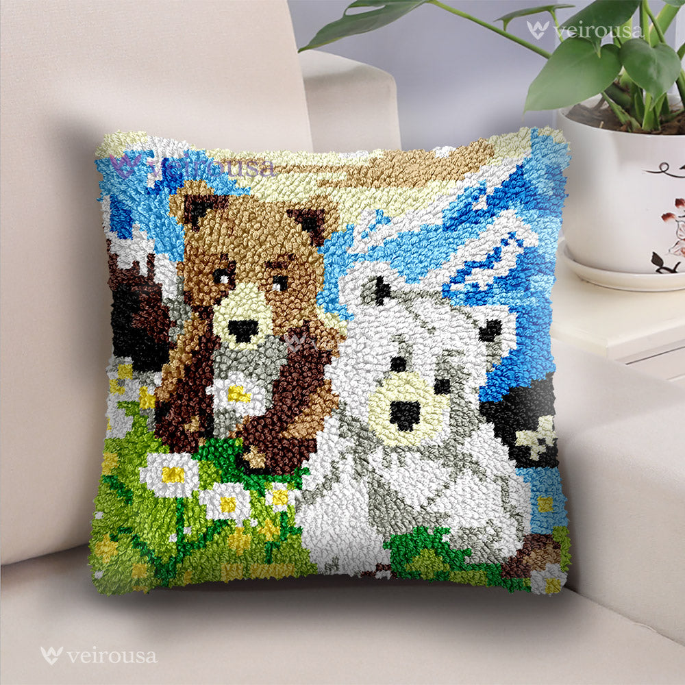 Veirousa Brown and White Bears Latch Hook Pillow Kit