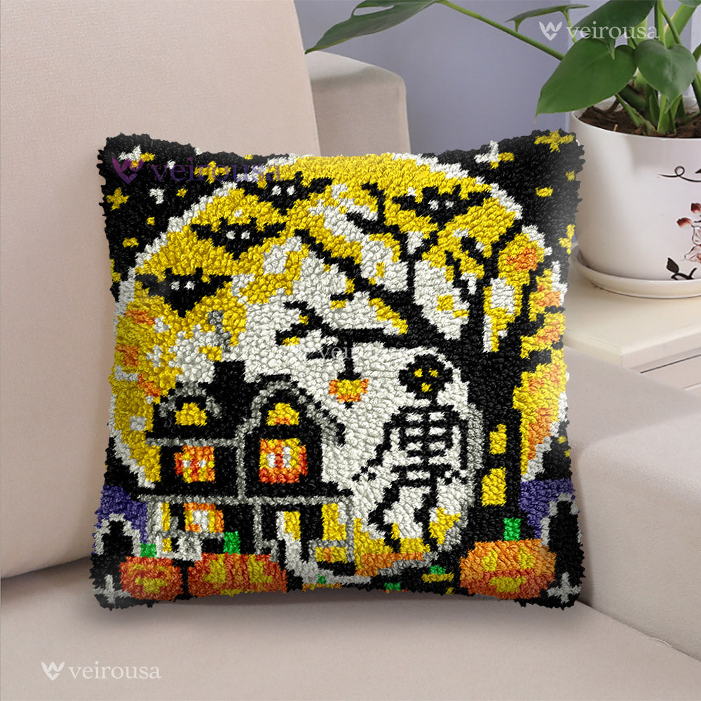 Castle & Skeleton Latch Halloween Hook Pillow Kit| DIY Cushion & Rug ...