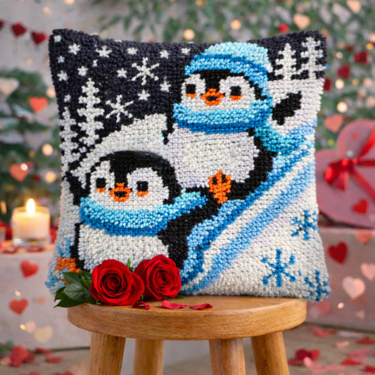Two Skiing Penguins Latch Hook Pillow Kit